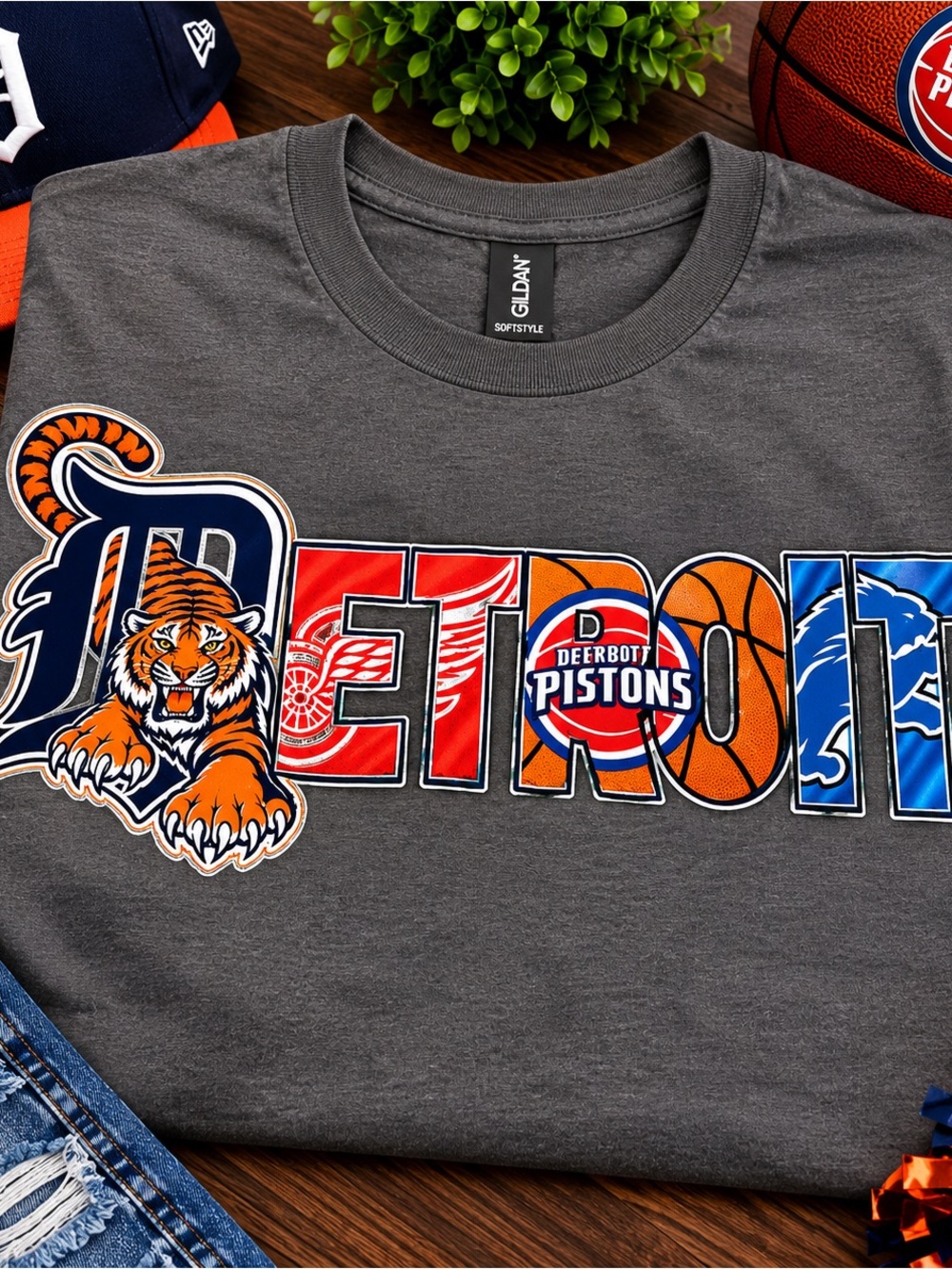 Gildan Charcoal Detroit Graphic Tee with Orange & Blue Accents